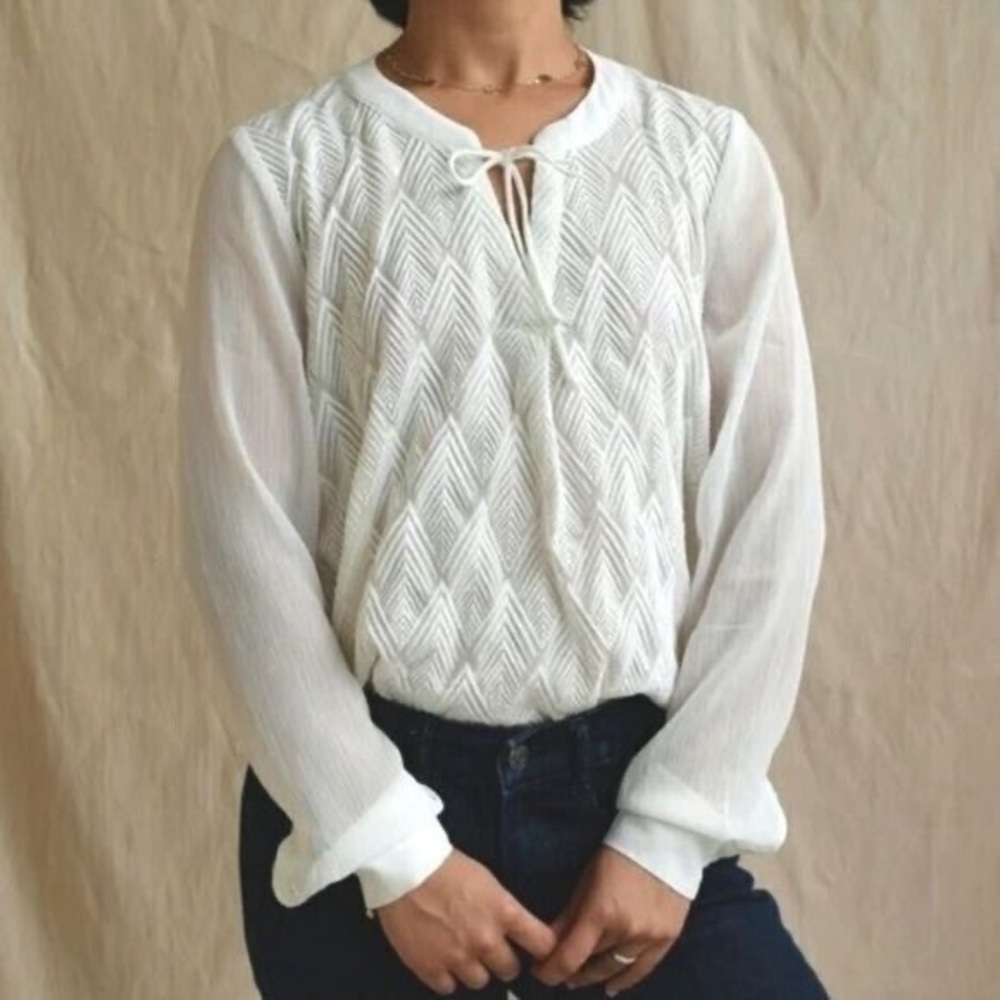 Banana Republic White Sheer Chevron Embroidered Tie Front Blouse Top